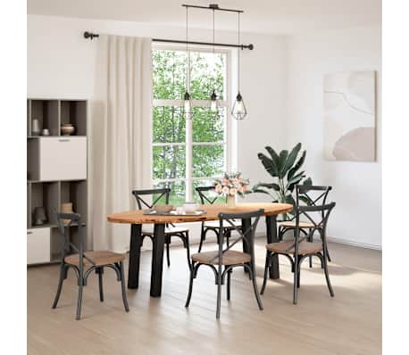 vidaXL Dining Table Light Brown, Black Solid Oak Wood, Powder-Coated Steel