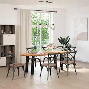 vidaXL Dining Table Light Brown, Black Solid Oak Wood, Powder-Coated Steel