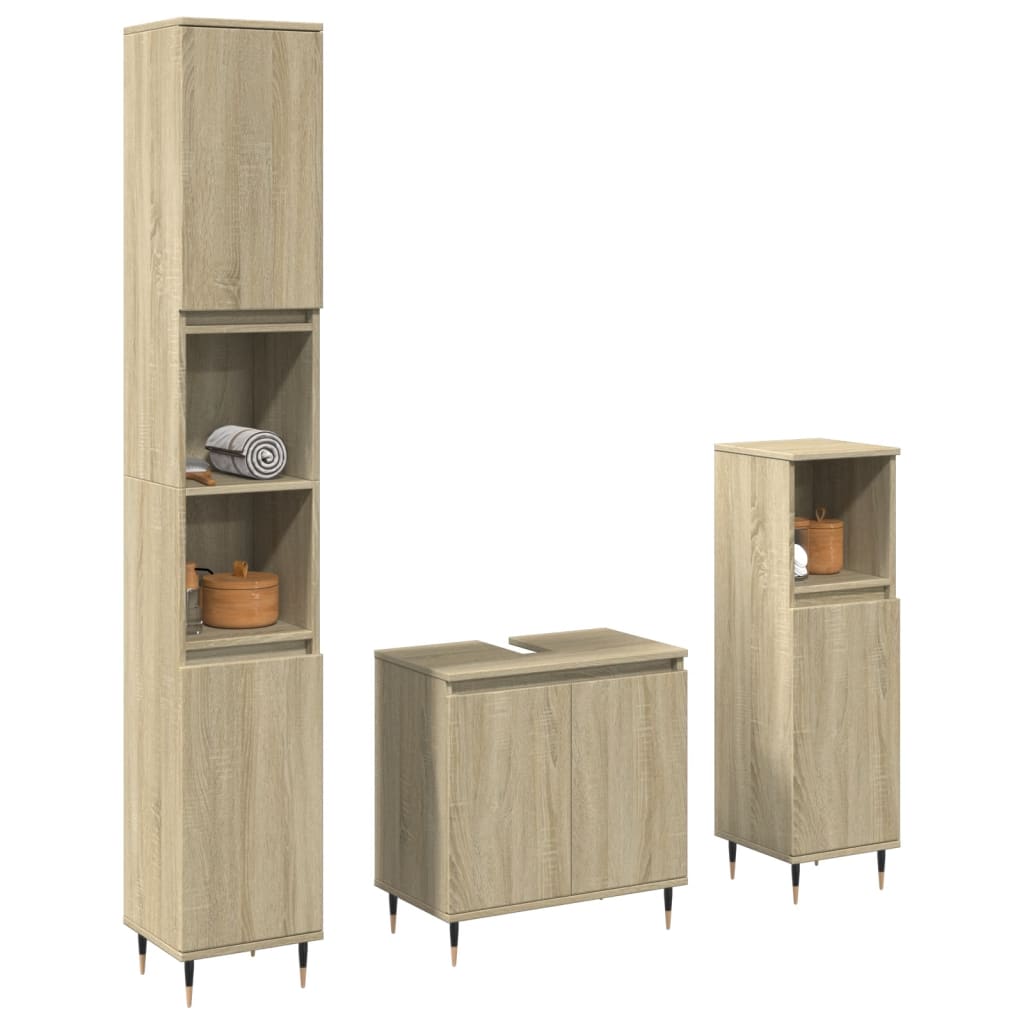 vidaXL Set mobilier de baie, 3 piese, stejar sonoma, lemn prelucrat