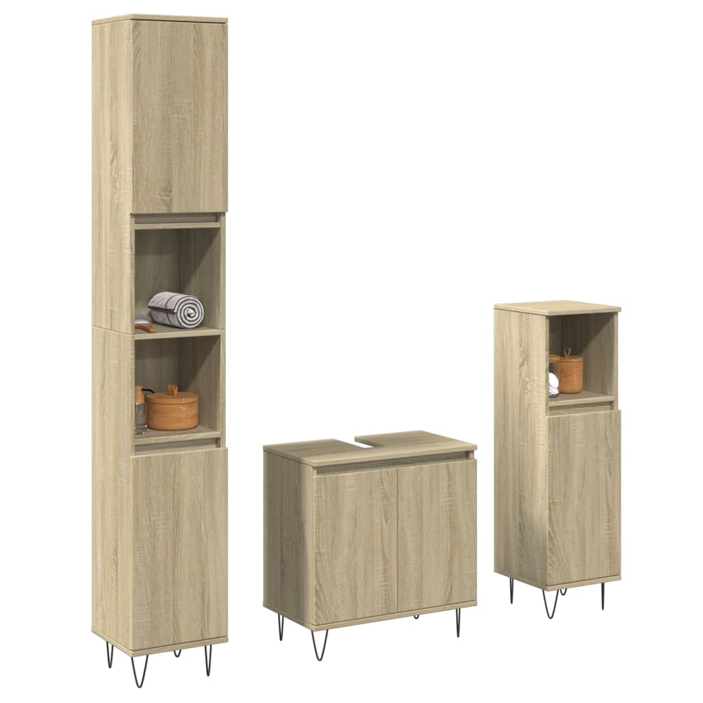 vidaXL Set mobilier de baie, 3 piese, stejar sonoma, lemn prelucrat