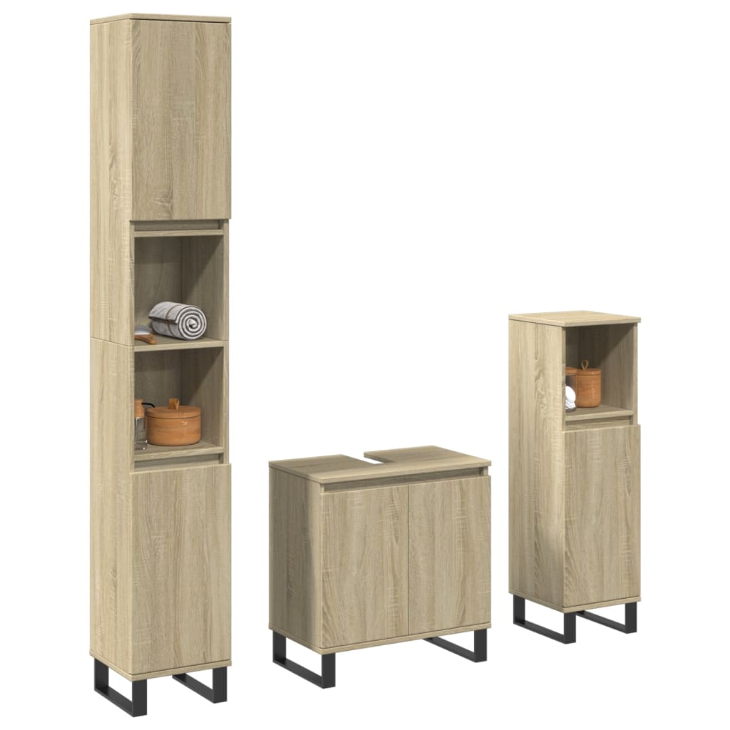 vidaXL Set mobilier de baie, 3 piese, stejar sonoma, lemn prelucrat