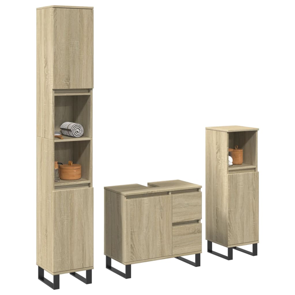 vidaXL Set mobilier de baie, 3 piese, stejar sonoma, lemn prelucrat