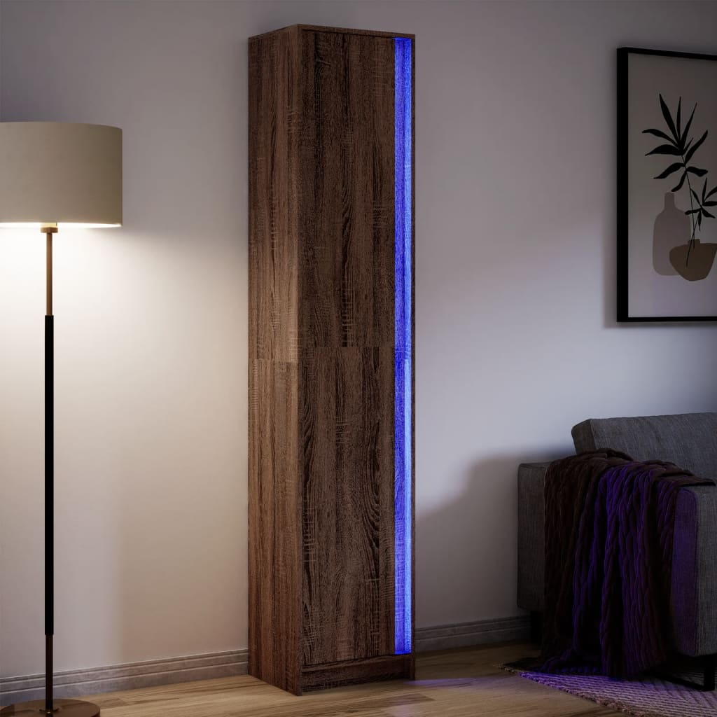 vidaXL Dulap înalt cu LED stejar maro 41,5x32,5x200 cm lemn prelucrat