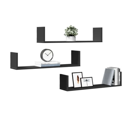 vidaXL Rafturi de perete, 3 buc., negru, 80x18x18 cm, lemn prelucrat