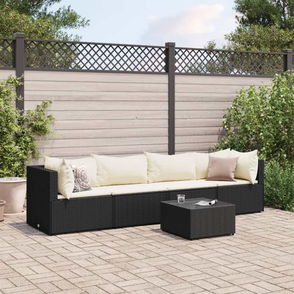 vidaXL Set șezlonguri de grădină, 5 piese, cu perne, negru, poliratan