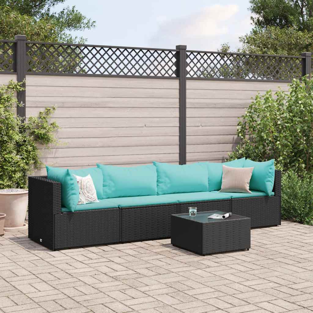 vidaXL Set șezlonguri de grădină, 5 piese, cu perne, negru, poliratan
