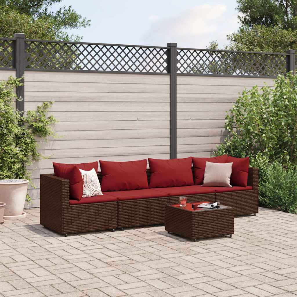 vidaXL 5-tlg. Garten-Lounge-Set mit Kissen Braun Poly Rattan