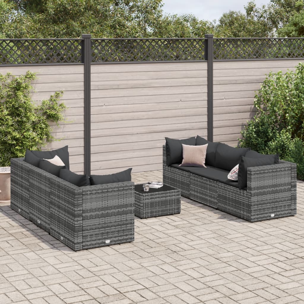 vidaXL 7-tlg. Garten-Lounge-Set mit Kissen Grau Poly Rattan