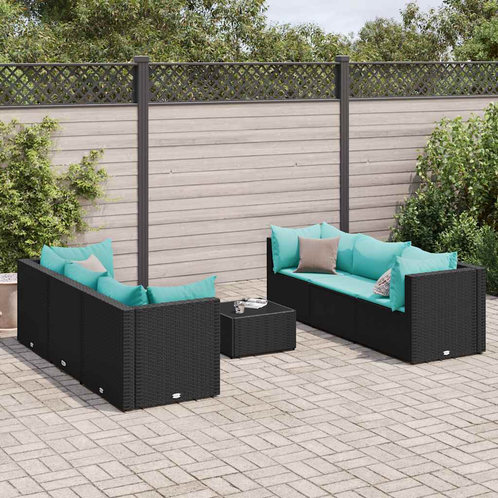 vidaXL 7-tlg. Garten-Lounge-Set mit Kissen Schwarz Poly Rattan