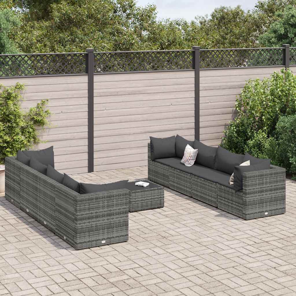 vidaXL 9-tlg. Garten-Lounge-Set mit Kissen Grau Poly Rattan