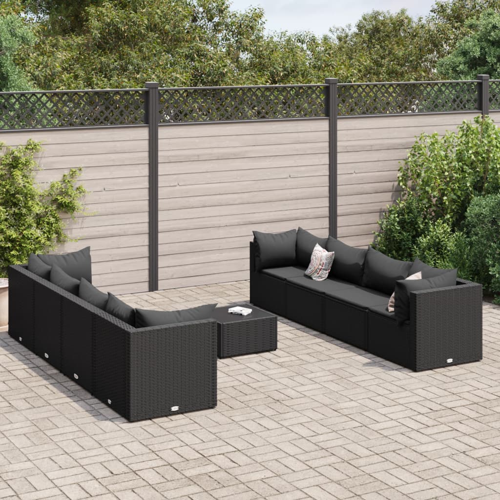 vidaXL Set mobilier de grădină cu perne, 9 piese, negru, poliratan