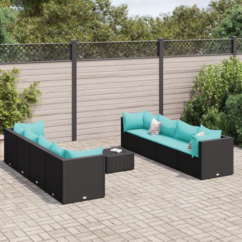 vidaXL Set mobilier de grădină cu perne, 9 piese, negru, poliratan
