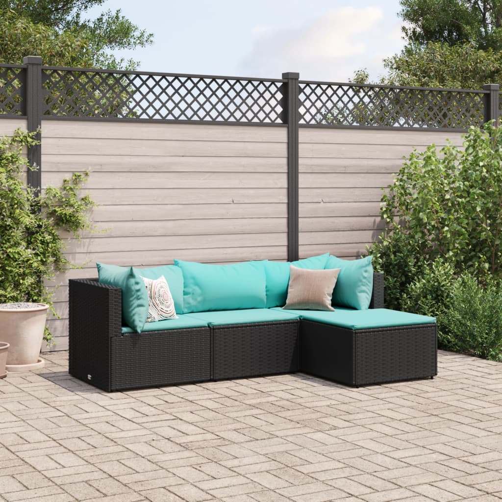 vidaXL 4-tlg. Garten-Lounge-Set mit Kissen Schwarz Poly Rattan