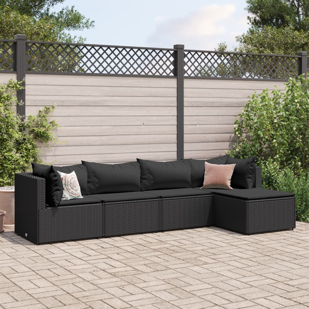 vidaXL 5-tlg. Garten-Lounge-Set mit Kissen Schwarz Poly Rattan