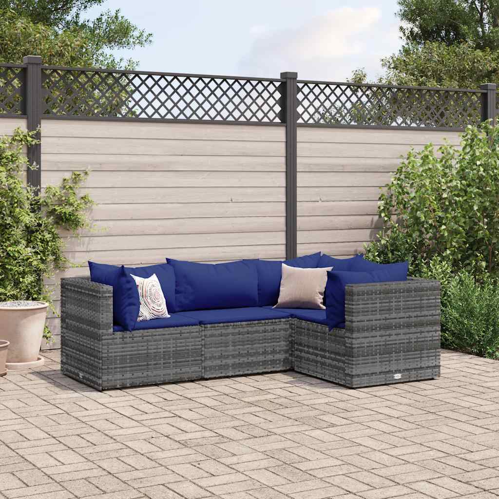 vidaXL 4-tlg. Garten-Lounge-Set mit Kissen Grau Poly Rattan