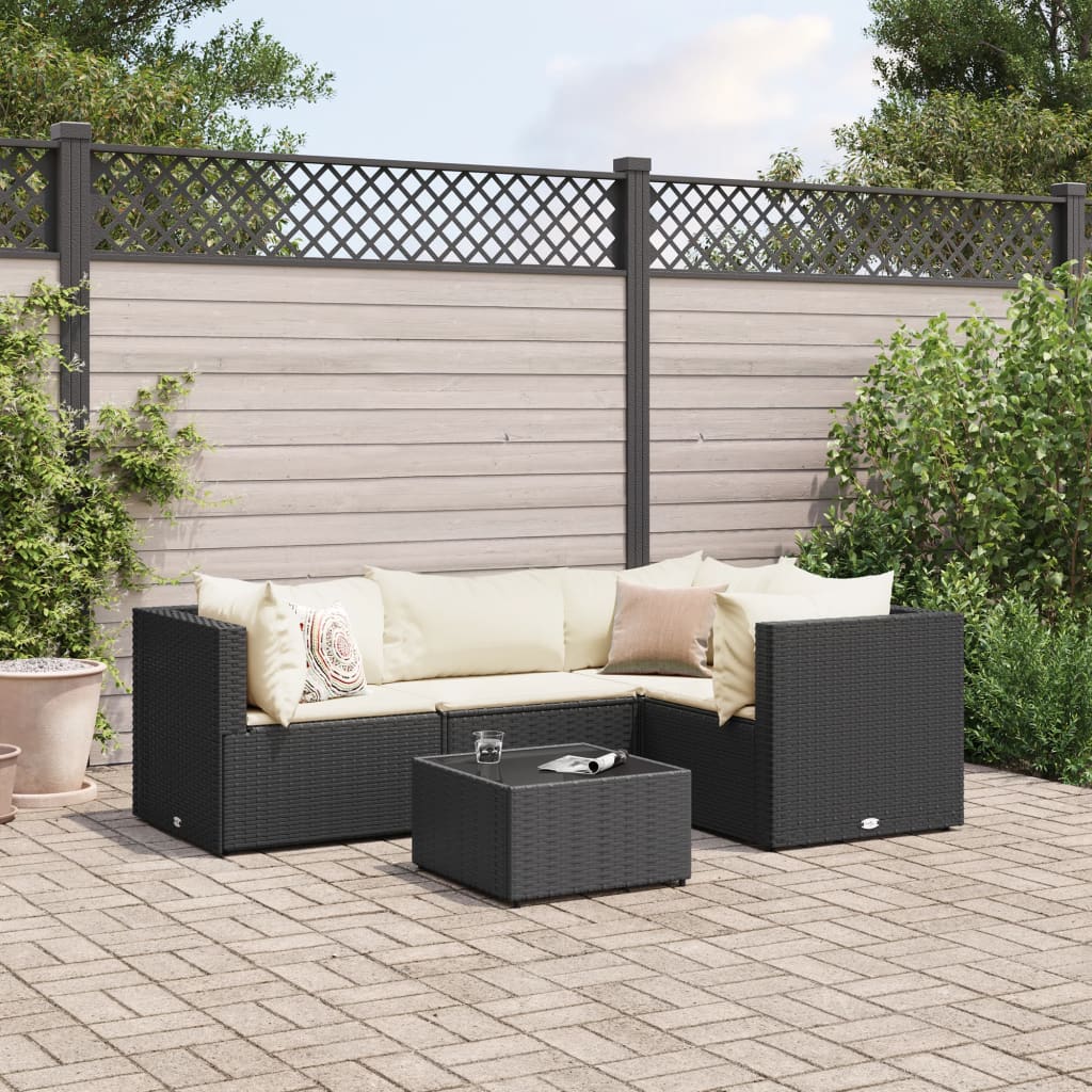 vidaXL Set șezlonguri de grădină, 5 piese, cu perne, negru, poliratan