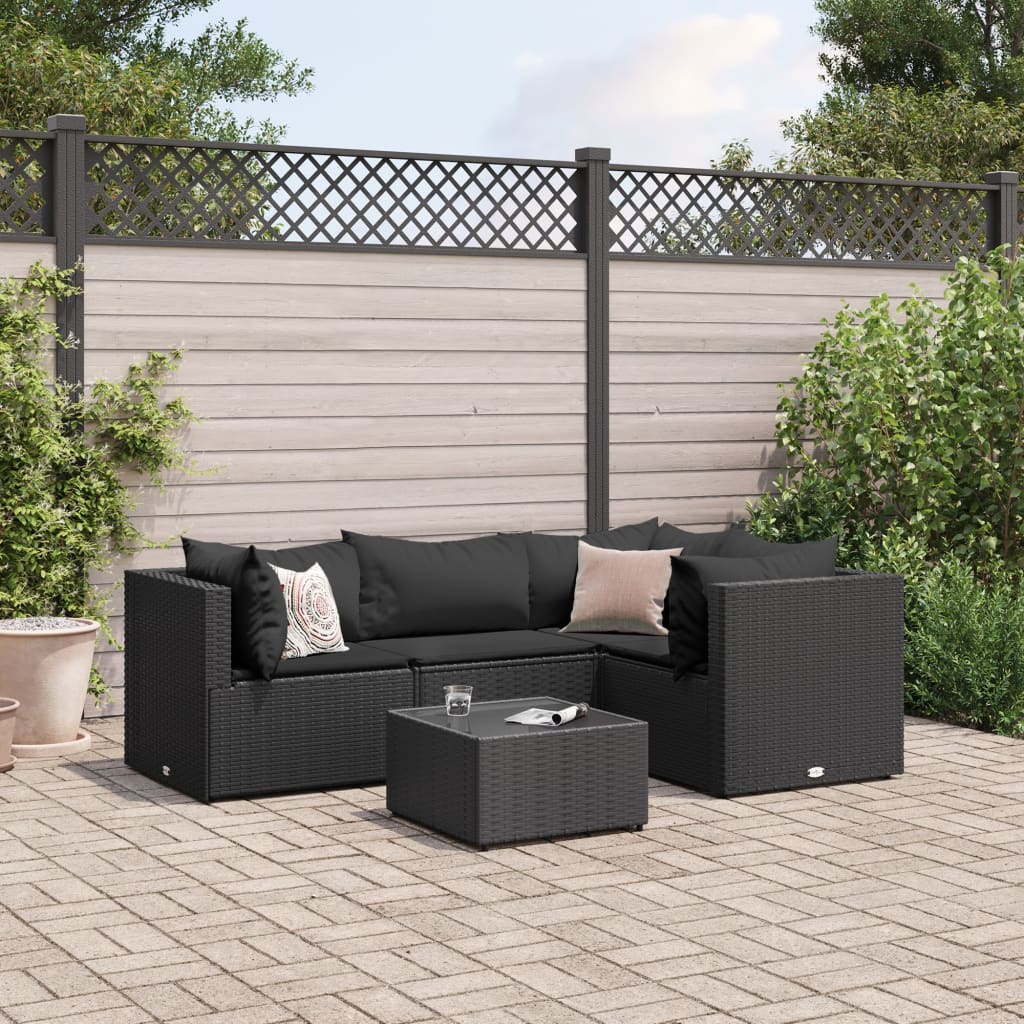 vidaXL 5-tlg. Garten-Lounge-Set mit Kissen Schwarz Poly Rattan