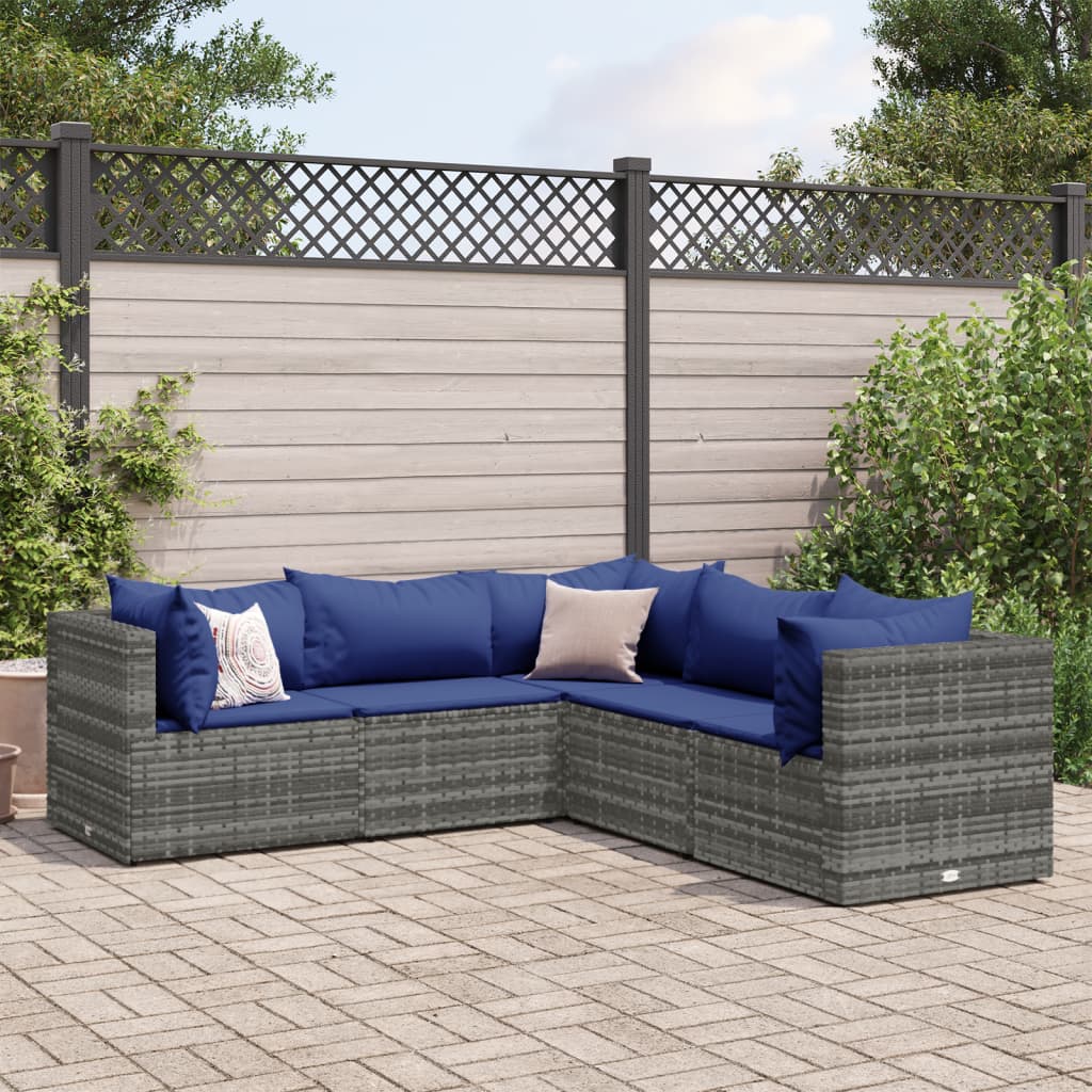 5-tlg. Garten-Lounge-Set mit Kissen Grau Poly Rattan