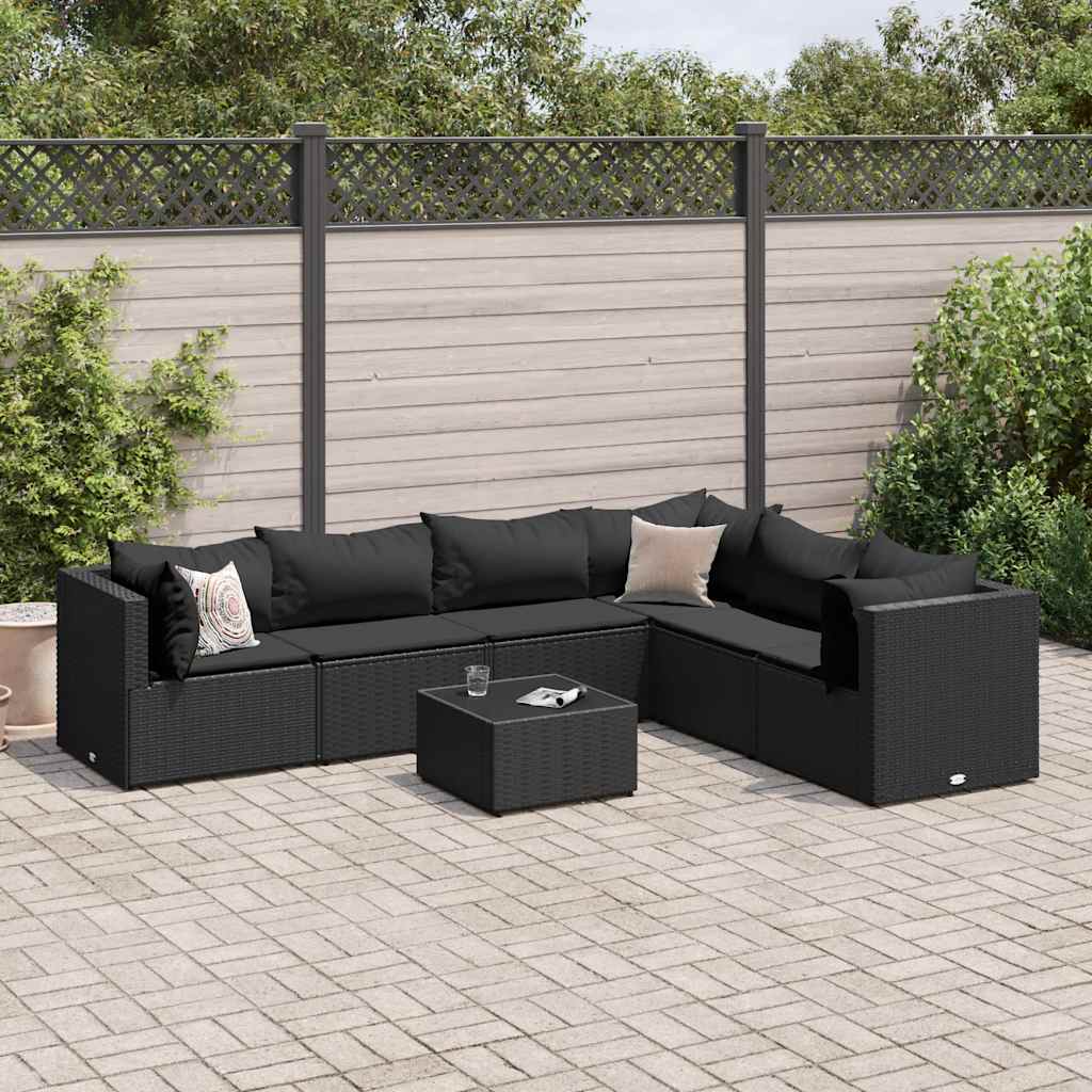 vidaXL Set mobilier de grădină cu perne, 7 piese, negru, poliratan