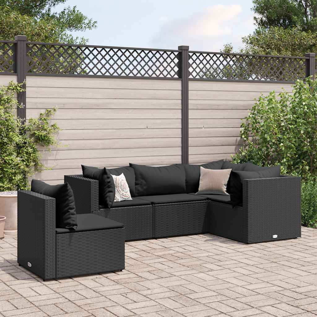 vidaXL 5-tlg. Garten-Lounge-Set mit Kissen Schwarz Poly Rattan