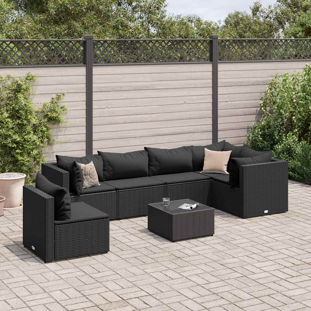 vidaXL 7-tlg. Garten-Lounge-Set mit Kissen Schwarz Poly Rattan