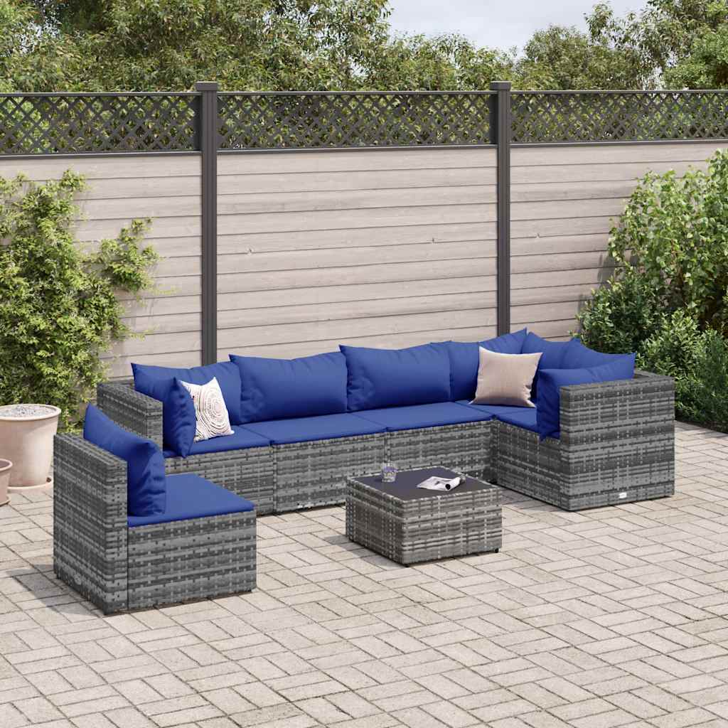 vidaXL 7-tlg. Garten-Lounge-Set mit Kissen Grau Poly Rattan