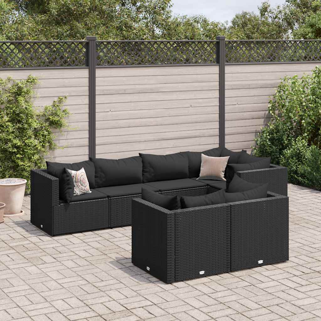 vidaXL 7-tlg. Garten-Lounge-Set mit Kissen Schwarz Poly Rattan