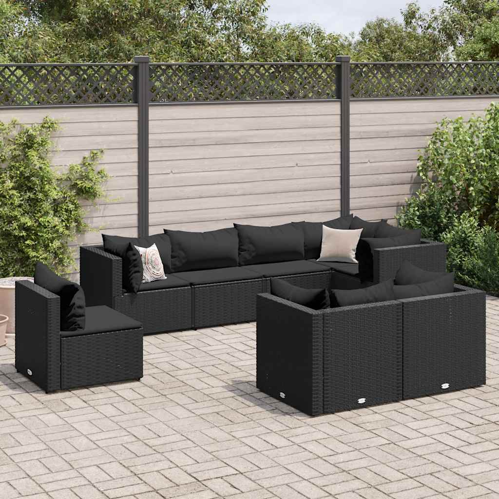 vidaXL Set mobilier de grădină cu perne, 8 piese, negru, poliratan