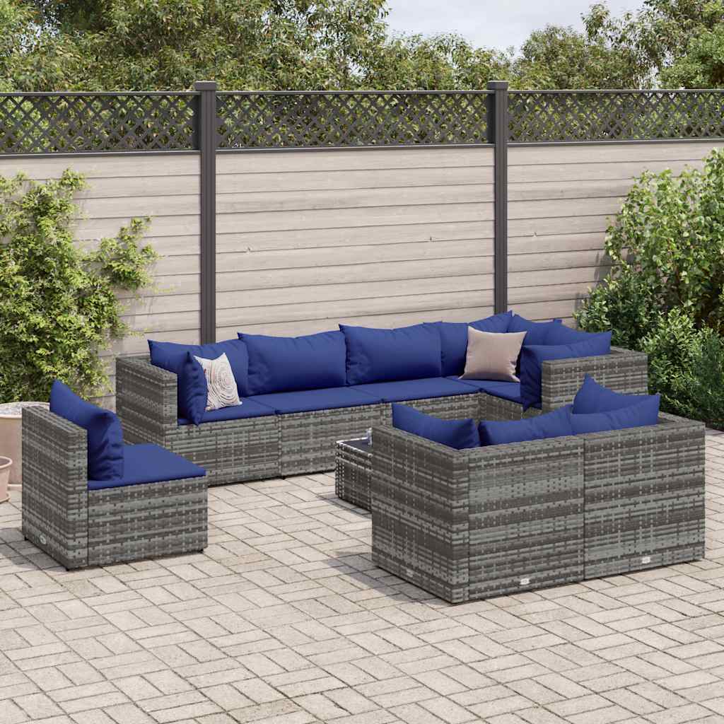 vidaXL 9-tlg. Garten-Lounge-Set mit Kissen Grau Poly Rattan