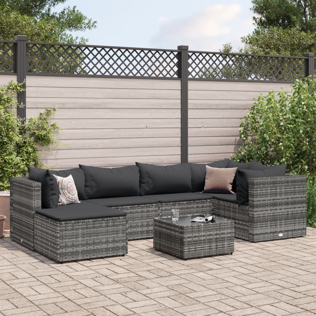 vidaXL 7-tlg. Garten-Lounge-Set mit Kissen Grau Poly Rattan