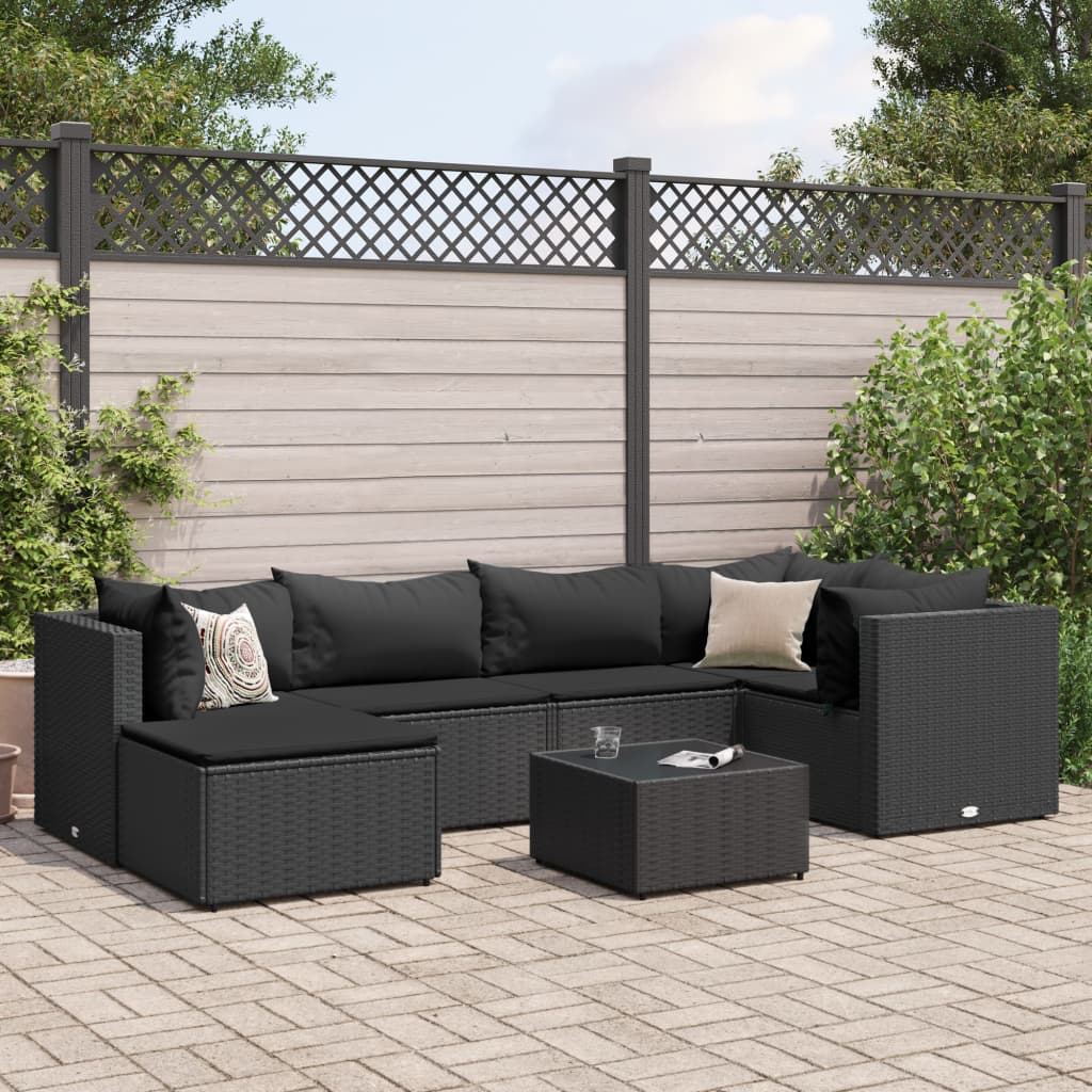 7-tlg. Garten-Lounge-Set mit Kissen Schwarz Poly Rattan