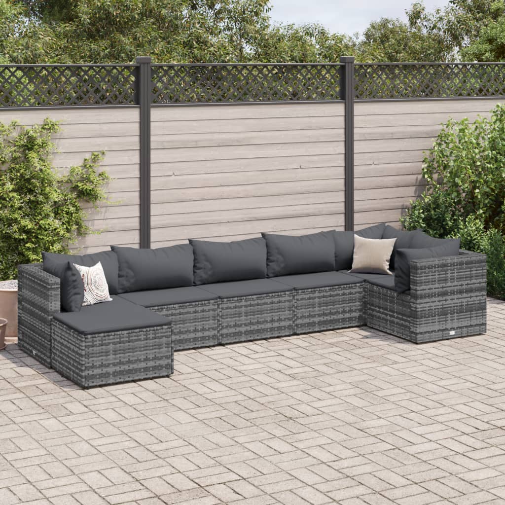 vidaXL 7-tlg. Garten-Lounge-Set mit Kissen Grau Poly Rattan