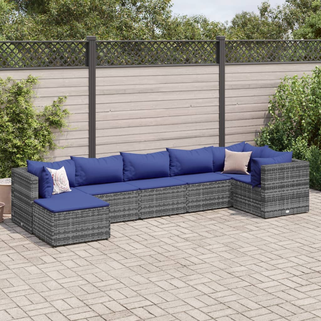 7-tlg. Garten-Lounge-Set mit Kissen Grau Poly Rattan