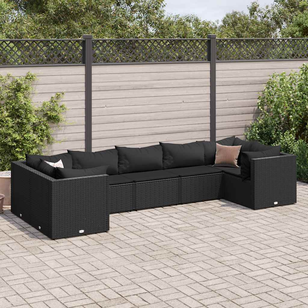 vidaXL 7-tlg. Garten-Lounge-Set mit Kissen Schwarz Poly Rattan