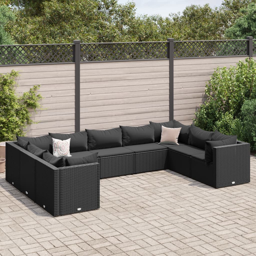 vidaXL 9-tlg. Garten-Lounge-Set mit Kissen Schwarz Poly Rattan