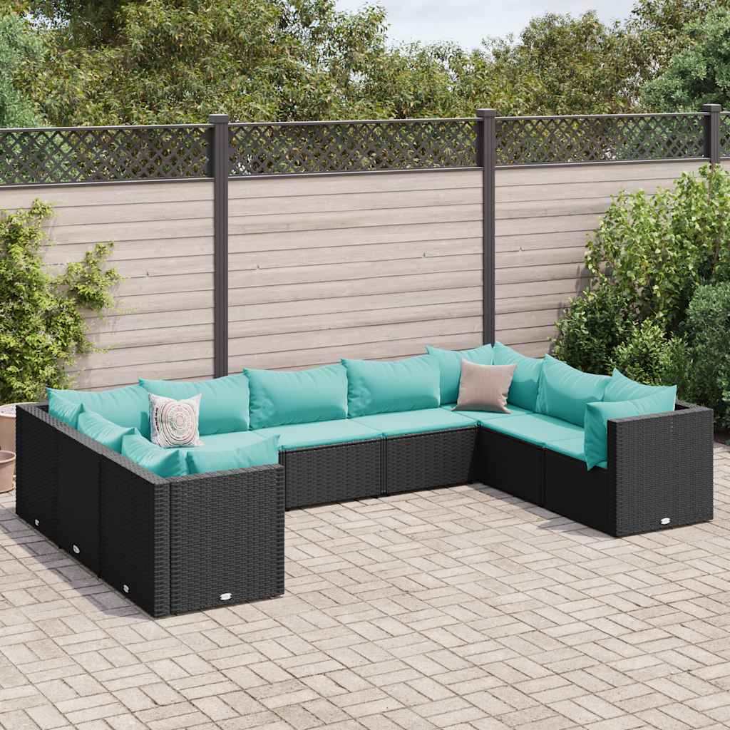 vidaXL Set mobilier de grădină cu perne, 9 piese, negru, poliratan
