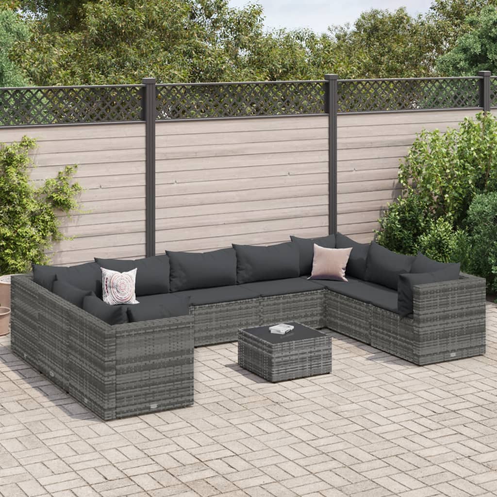 vidaXL 10-tlg. Garten-Lounge-Set mit Kissen Grau Poly Rattan