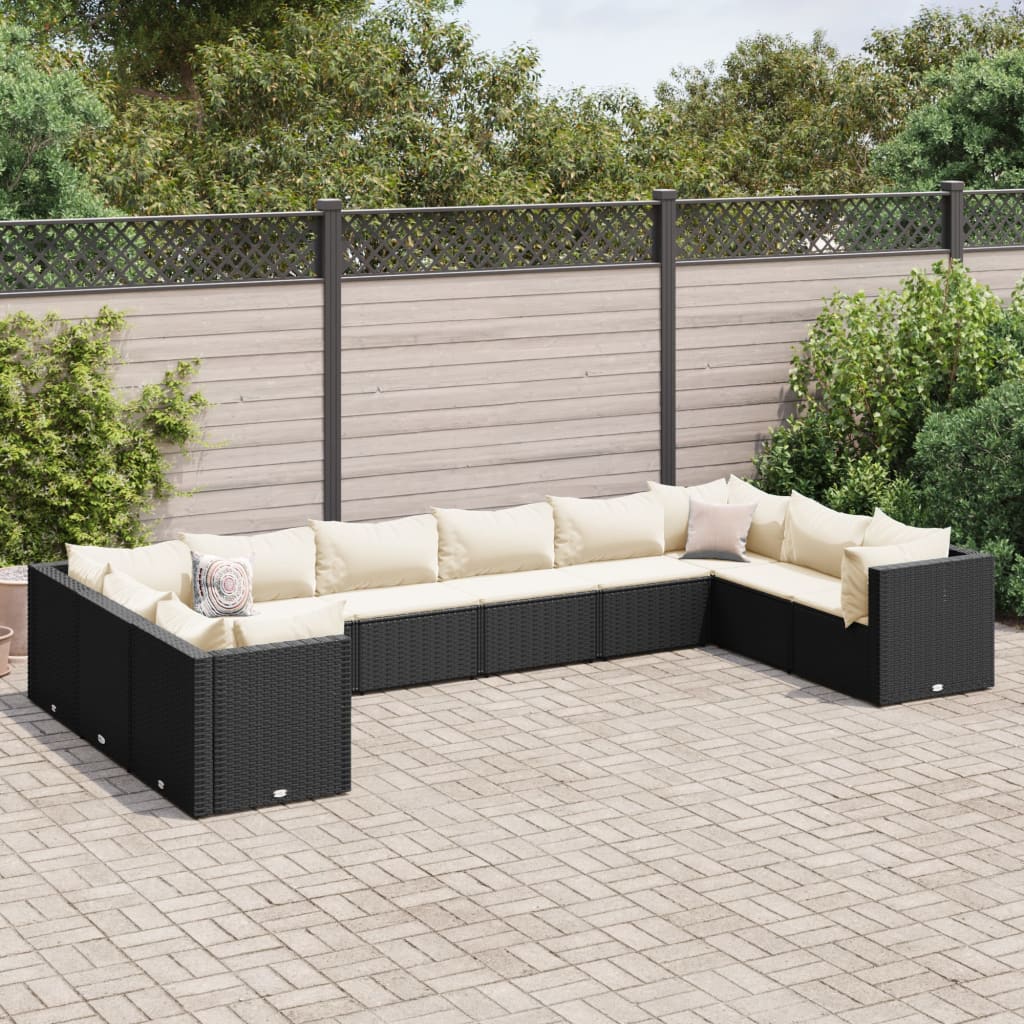 vidaXL 10-tlg. Garten-Lounge-Set mit Kissen Schwarz Poly Rattan