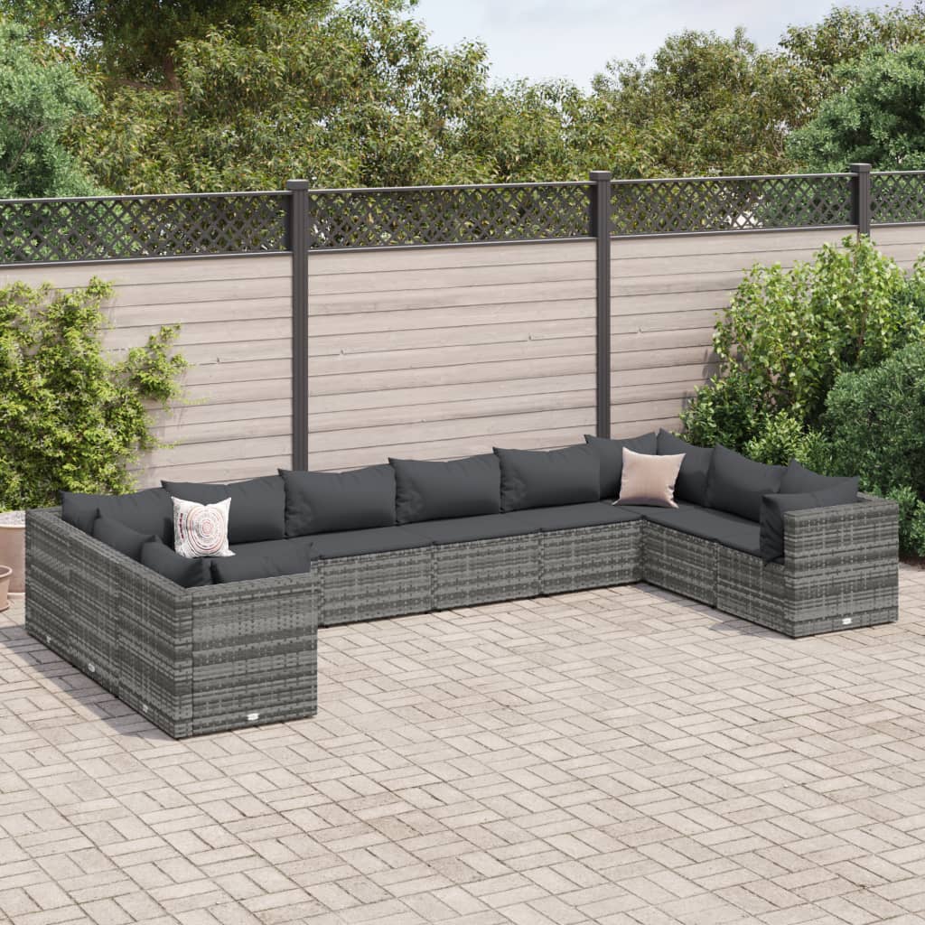 vidaXL 10-tlg. Garten-Lounge-Set mit Kissen Grau Poly Rattan