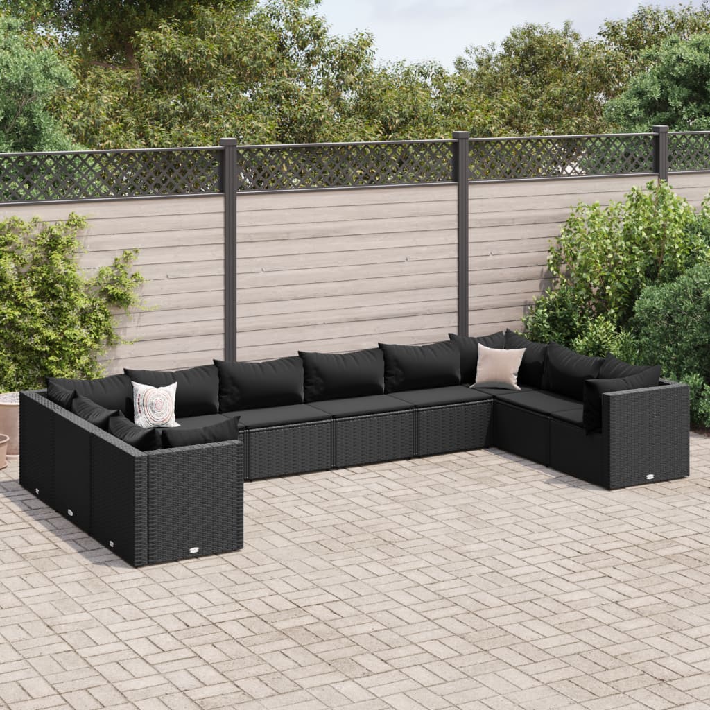 vidaXL 10-tlg. Garten-Lounge-Set mit Kissen Schwarz Poly Rattan