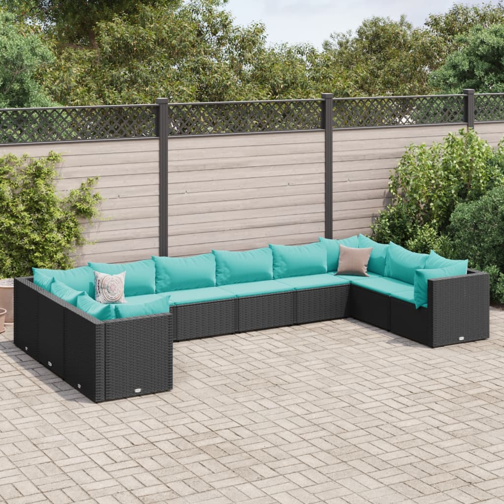 vidaXL Set mobilier de grădină cu perne, 10 piese, negru, poliratan
