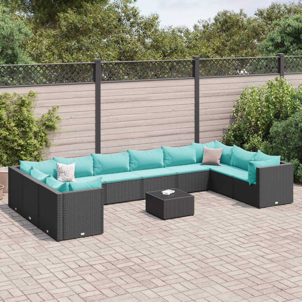 vidaXL Set mobilier de grădină cu perne, 11 piese, negru, poliratan