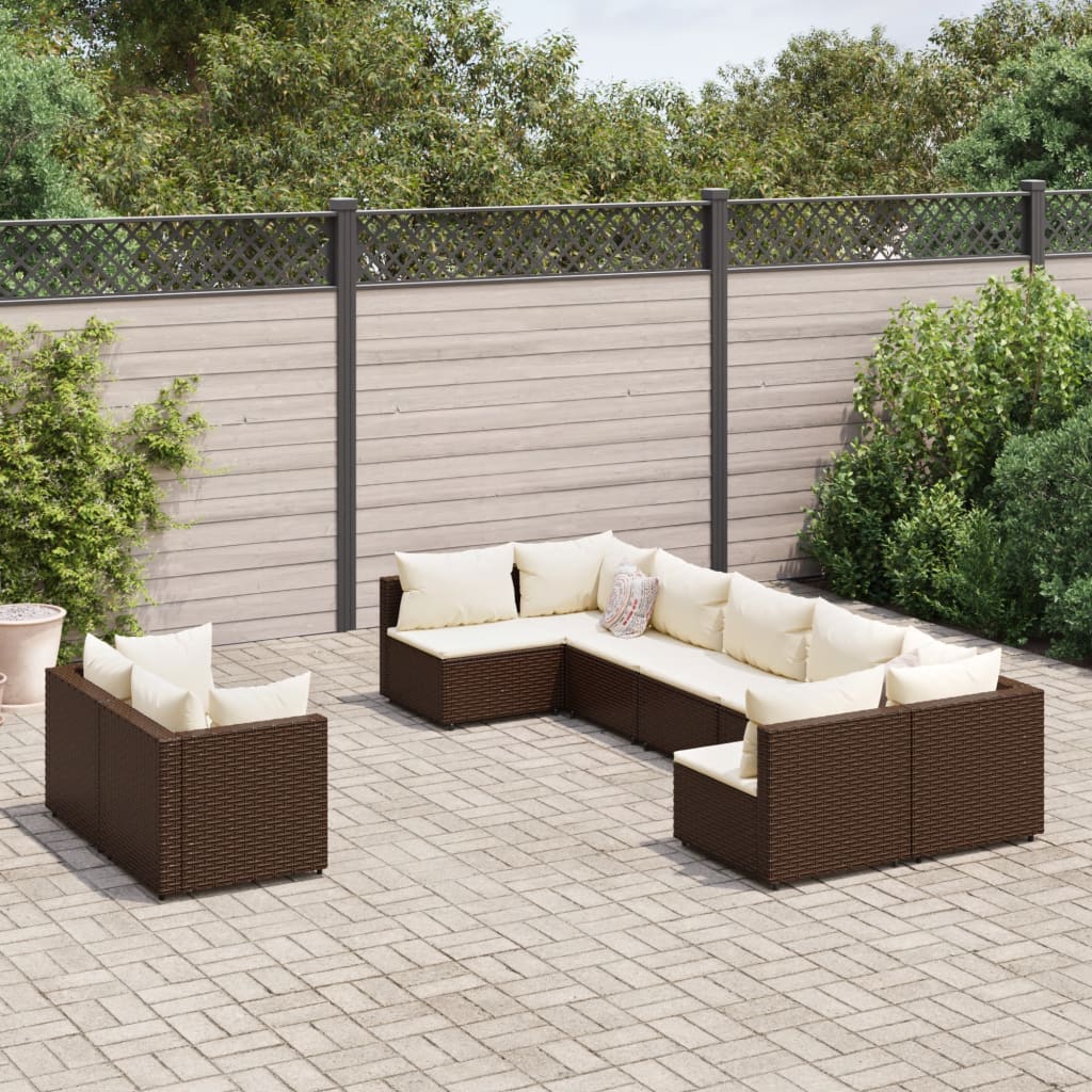 9-tlg. Garten-Sofagarnitur mit Kissen Braun Poly Rattan