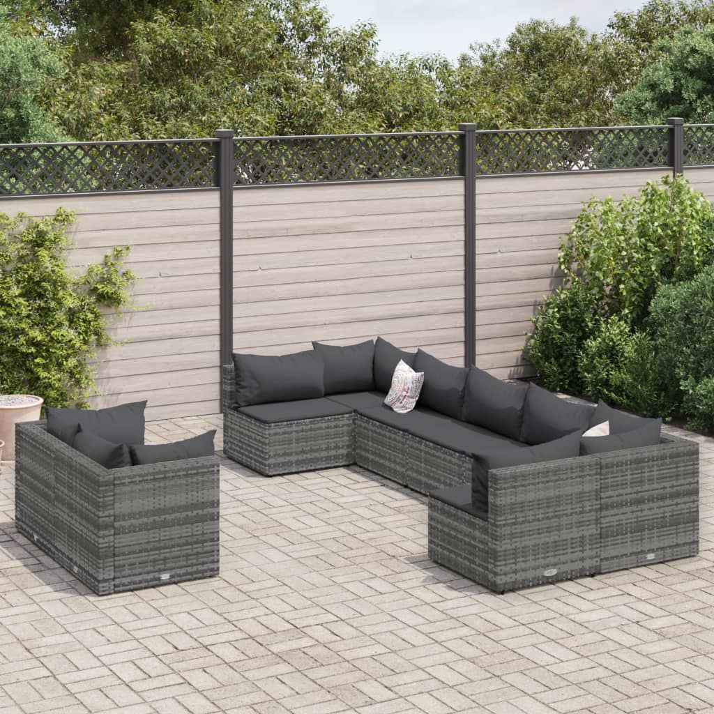 vidaXL 9-tlg. Garten-Sofagarnitur mit Kissen Grau Poly Rattan