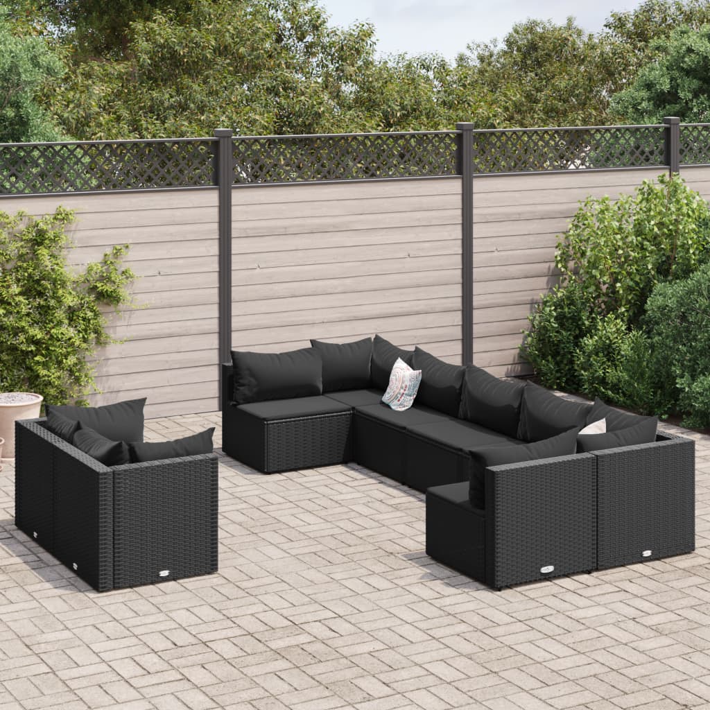 vidaXL 9-tlg. Garten-Sofagarnitur mit Kissen Schwarz Poly Rattan