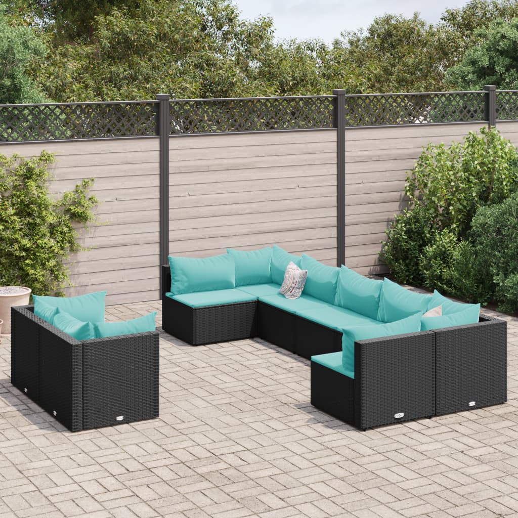 vidaXL Set mobilier de grădină cu perne, 9 piese, negru, poliratan