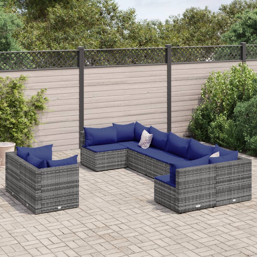 vidaXL 9-tlg. Garten-Sofagarnitur mit Kissen Grau Poly Rattan