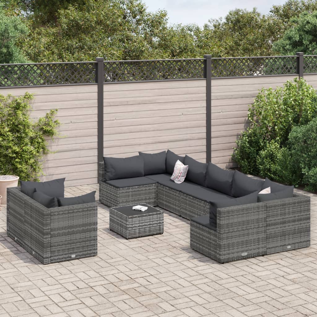 vidaXL 10-tlg. Garten-Sofagarnitur mit Kissen Grau Poly Rattan