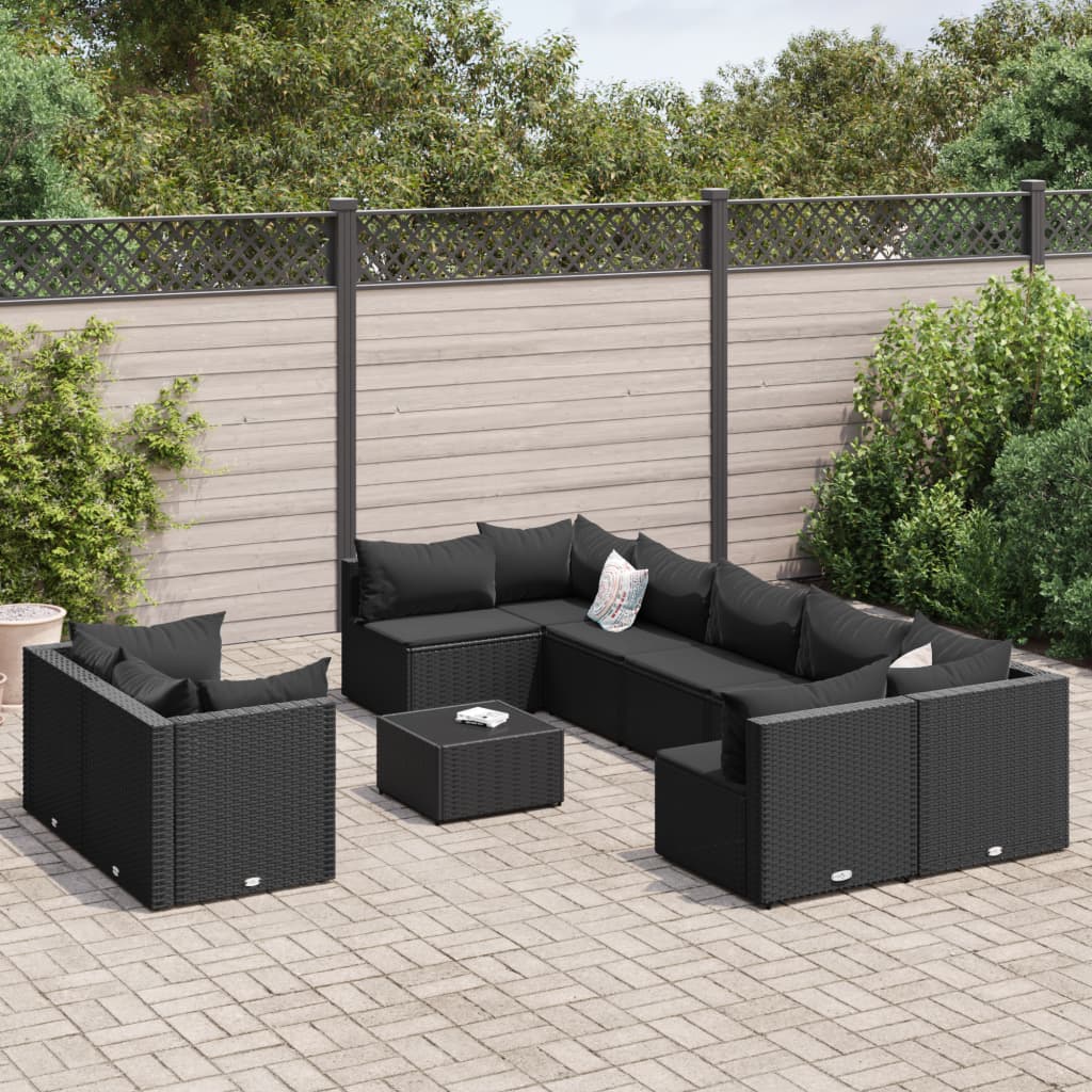 10-tlg. Garten-Sofagarnitur mit Kissen Schwarz Poly Rattan