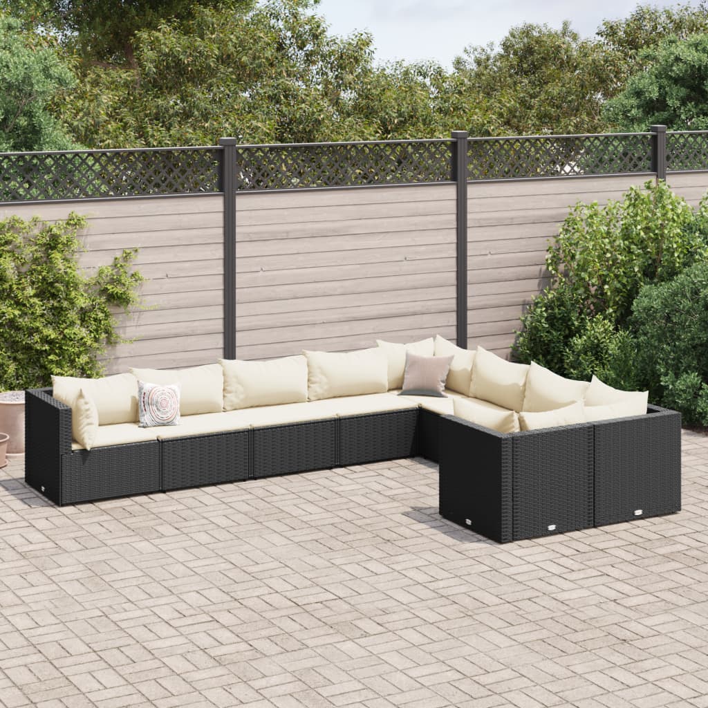 vidaXL 9-tlg. Garten-Sofagarnitur mit Kissen Schwarz Poly Rattan